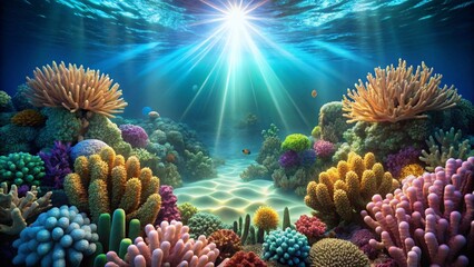Vibrant Underwater Seascape Sunbeams Illuminate a Lush Coral Reef Ecosystem with Diverse Marine Life