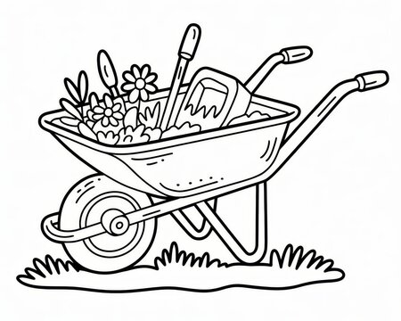 black and white wheelbarrow with flowers and tools clip art preview