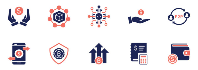 Cryptocurrency and Blockchain Icon Set – Bitcoin, P2P, Mobile Wallet, Secure Payment, Digital Finance, and Crypto Investment Graphics