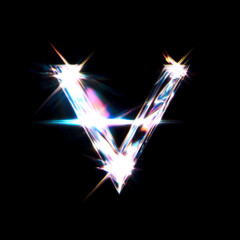 Flare Prism Shine Letter V Overlay - Radiant Light Text Effect for Glamorous Designs. Perfect for Beauty, Fashion and Luxury Branding Projects. High-Quality Transparent PNG for Digital Creations