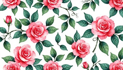 Delicate watercolor roses, intertwined leaves Seamless floral pattern , bud, stem