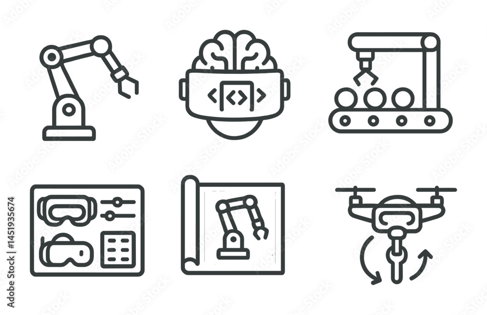 Poster automation and robotics line icons set – technology, industry, ai symbols