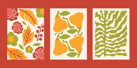 Abstract botanical art prints in retro style. Botanical doodle background. Colorful Floral Collage Art Prints. Matisse style poster set