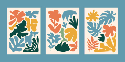 Abstract botanical art prints in retro style. Botanical doodle background. Colorful Floral Collage Art Prints. Matisse style poster set