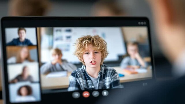 Student participates in online class discussion while others listen attentively