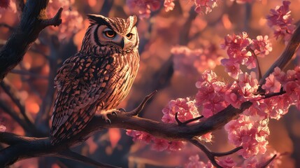 An illustration of an owl perched gracefully on a branch adorned with vibrant pink flowers.