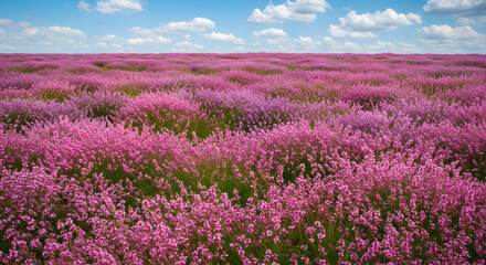 Extensive Vista Of Rosy Heather Blooms Under A Summer Sky