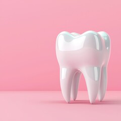 A white tooth is shown on a pink background
