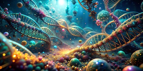 A Sparkling Tapestry of Life's Blueprint Intricate DNA Structures Adorned with Luminescent Particles in a Vibrant, Subaquatic Setting