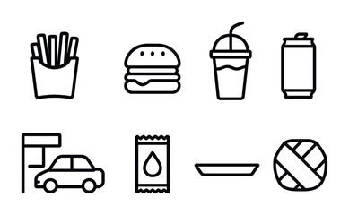 Fast food and snack icons set - outline, filled, meal and drink symbols