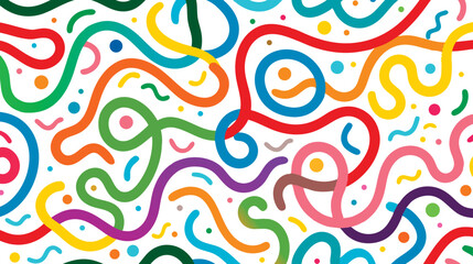 Colorful Squiggles Seamless, Whimsical, Abstract Line Art. Wavy Pattern on White Background. Vibrant and Playful Abstract Composition with Wavy Lines