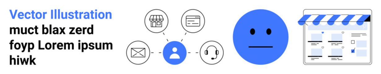 Email, chat, location and phone icons connected with customer avatar, storefront behind. Ideal for e-commerce, customer service, online shopping, business communication, digital marketing support