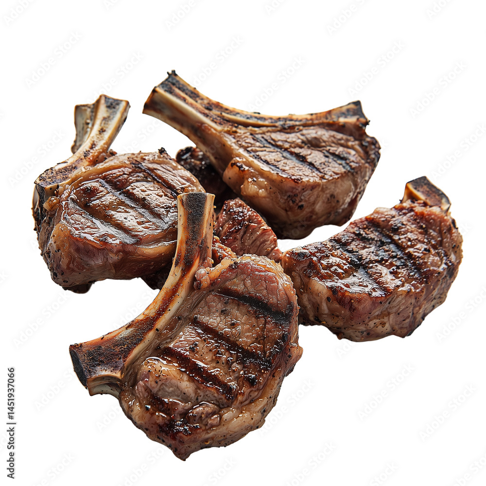 Poster grilled lamb chops arranged showcasing their rich color and texture, ideal for culinary themes. isol