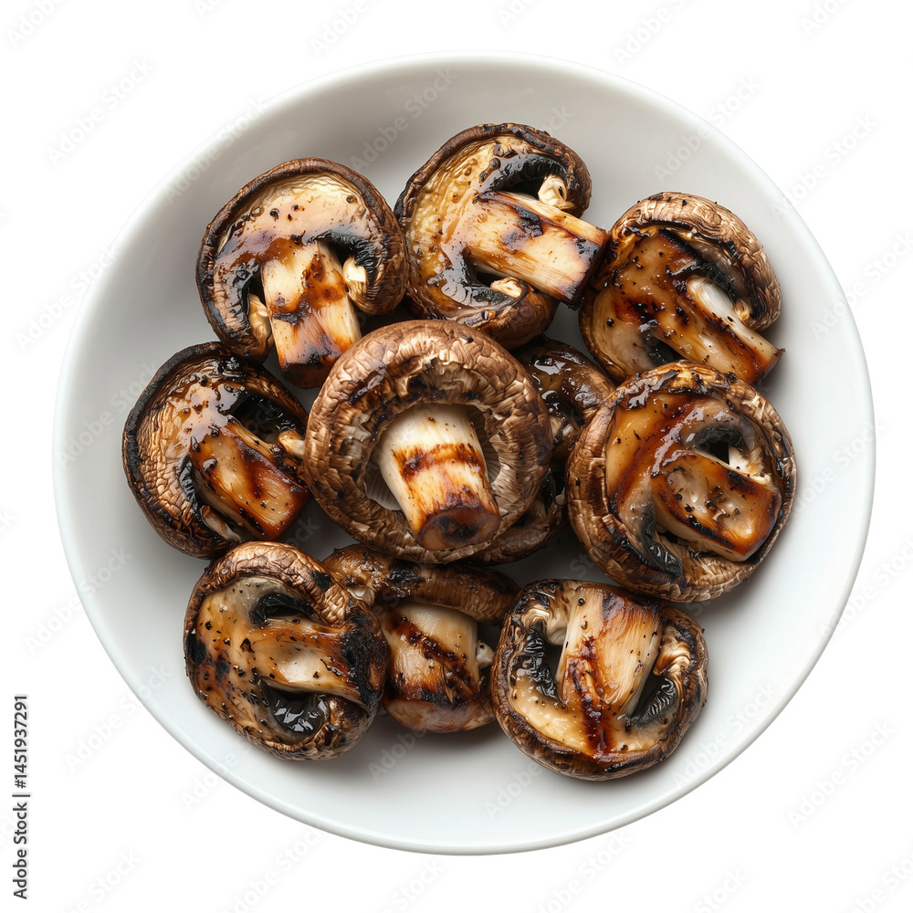 Poster grilled mushrooms arranged in a white bowl, showcasing their unique textures and colors in a top-dow