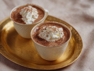 Two elegant cups of hot chocolate with whipped cream on golden tray