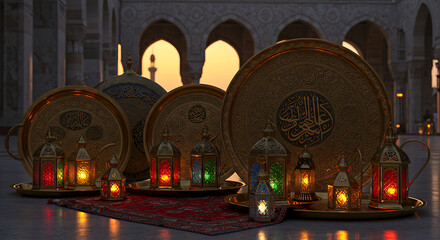 Eid Mubarak festive lanterns arrangement against a mosque backdrop