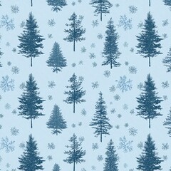 Fototapeta premium Winter-themed seamless pattern featuring blue trees and snowflakes on a light blue background