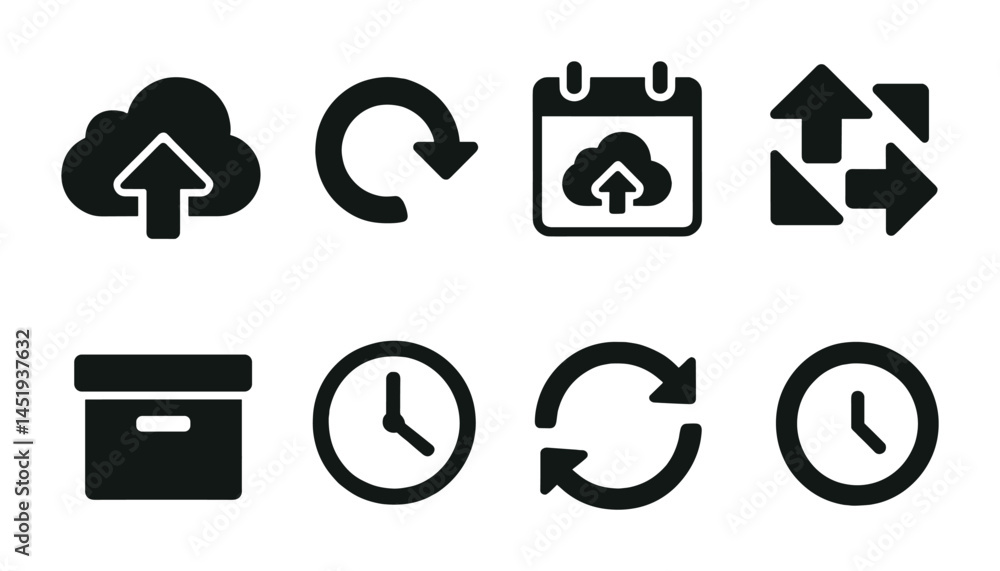 Aufkleber data storage and synchronization solid icons set – backup, cloud, tech symbols