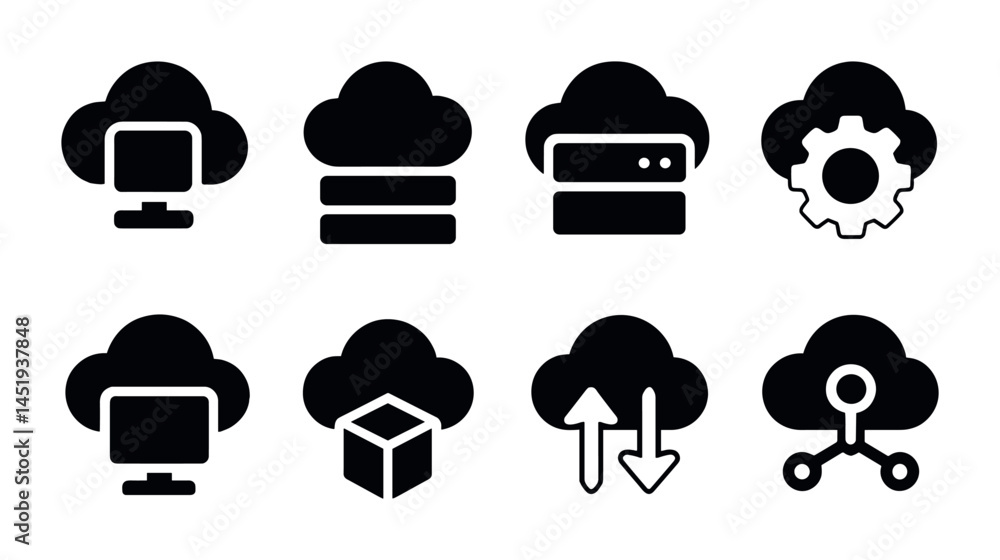 Poster cloud computing solid icons set – silhouette, filled, data and tech symbols