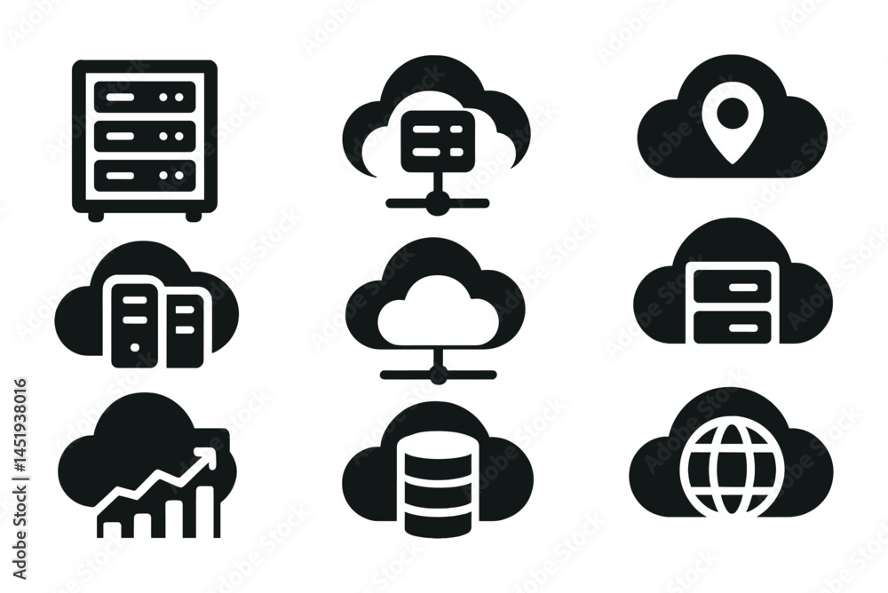 Poster cloud computing solid icons set – data, network, digital storage symbols