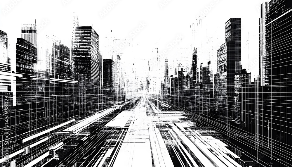 Poster a futuristic landscape showcasing a digital representation of a city skyline with intricate lines an
