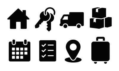 Home relocation and moving essentials icons set for organizing and planning