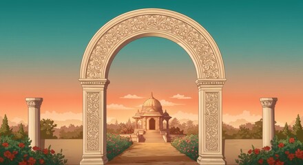 Fototapeta premium Ornate Stone Archway Leads to Dome Structure at Sunset Garden