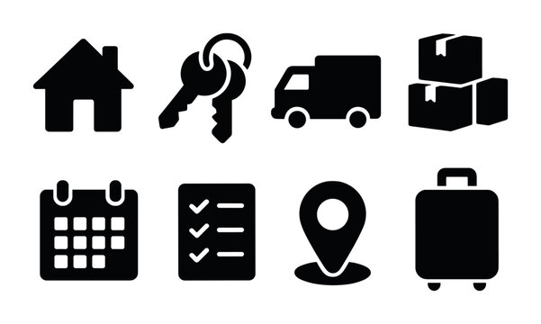 Home relocation and moving essentials icons set for organizing and planning