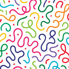 Colorful Squiggles Seamless, Whimsical, Abstract Line Art. Wavy Pattern on White Background. Vibrant and Playful Abstract Composition with Wavy Lines