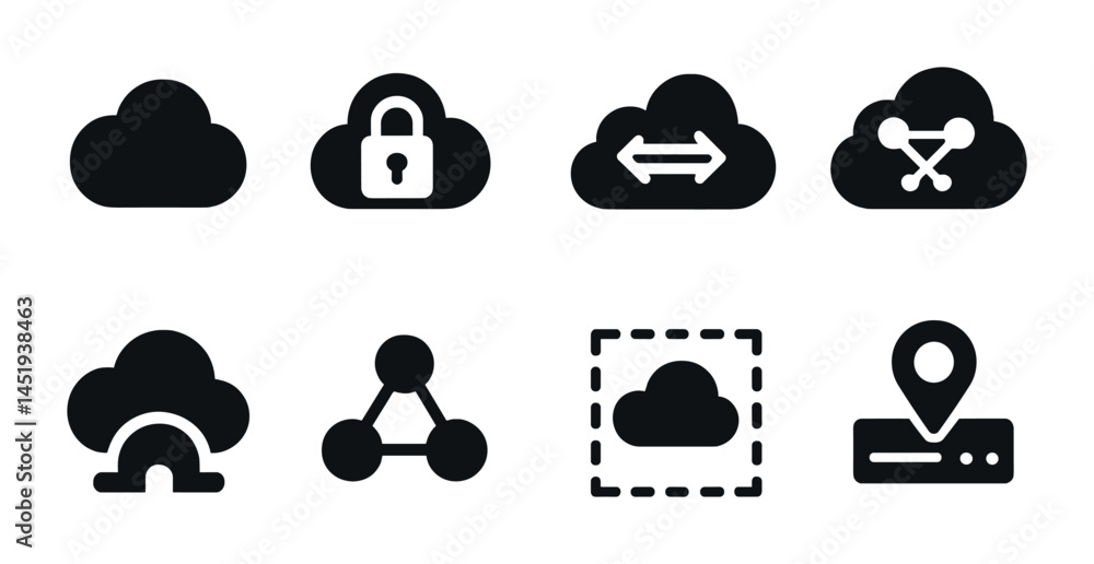 Poster cloud computing solid icons set – network, secure, storage solutions symbols