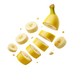 Fresh banana slices flying on transparent background PNG Generative AI
