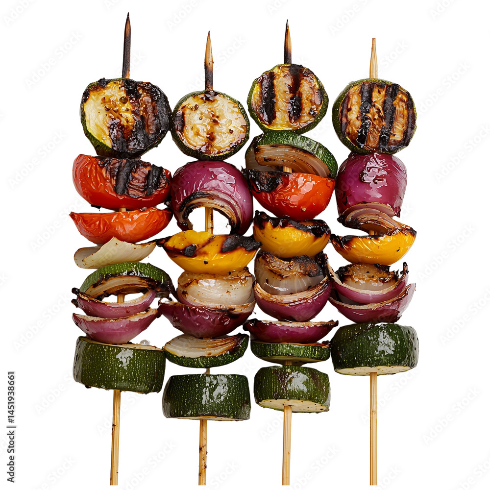 Poster grilled vegetable skewers with a vibrant array of colors, showcasing a variety of sliced vegetables 