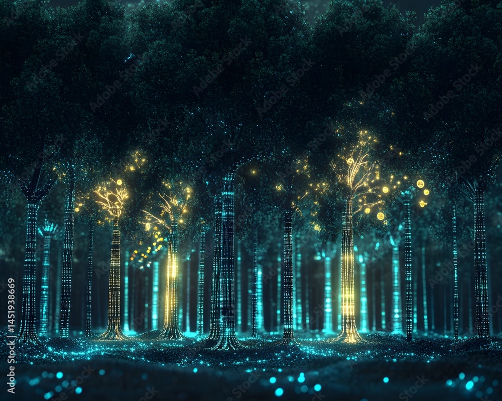 Aufkleber a mystical forest illuminated by soft glowing lights, creating a tranquil and enchanting atmosphere
