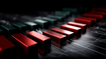 Red and green blocks arranged on a dark background with a graph line