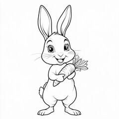 Obraz premium Cartoon Rabbit Holds Carrot, Smiling Happily, Black and White Line Art Style
