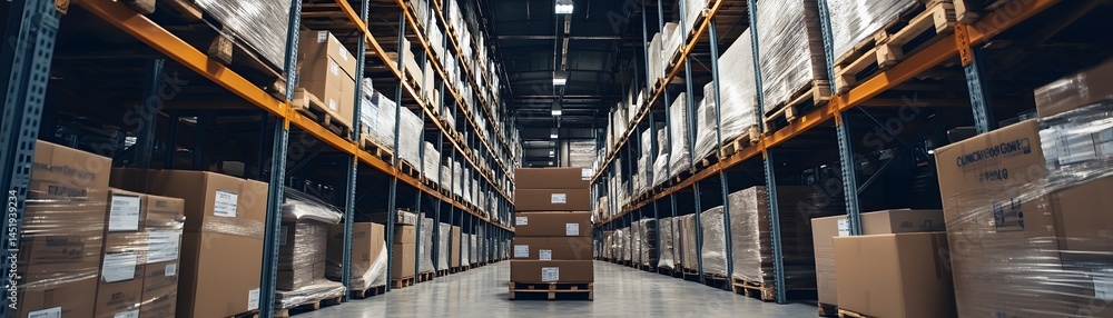 Poster a spacious warehouse filled with neatly stacked cardboard boxes. the organized layout showcases an e