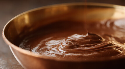 Smooth molten chocolate in copper bowl, creating rich and indulgent texture