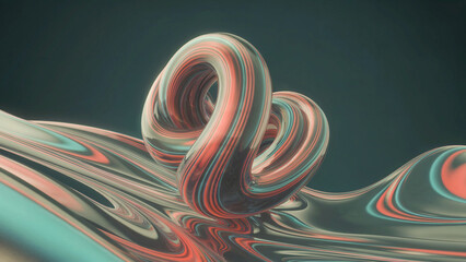 fluid abstract 3d twisted shape with glossy stripes in pastel teal and coral tones over smooth reflective surface background