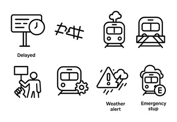 Railway transport icons set – outline, linear, train and travel alert symbols