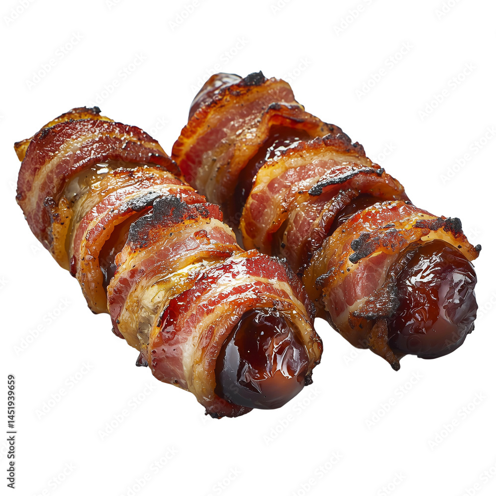 Poster Savory Grilled Bacon-Wrapped Dates skewers, showcasing a delicious blend of textures and flavors, perfect for appetizing presentations. isolated on white background and transparent background