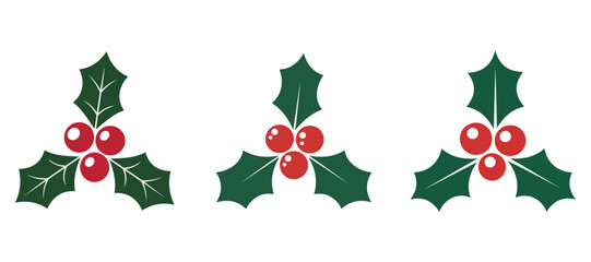 Three Holly Berry Sprig Vectors: Christmas Decoration Set