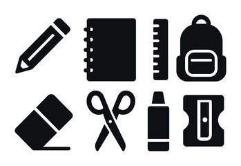 Fototapeta premium School supplies solid icons set – stationery, education, learning tools