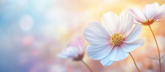 Fototapeta premium Pastel Cosmos Bloom, Sunny Field, Bokeh Background
