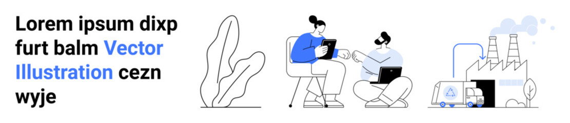 Two people using laptops, a plant in the background, and a factory conveying teamwork, technology, and industry. Ideal for innovation, business planning, technology, automation energy logistics