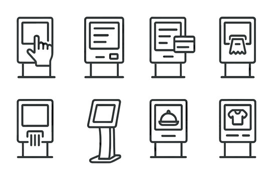 Self-service kiosk outline icons set – digital, interactive, kiosk interfaces