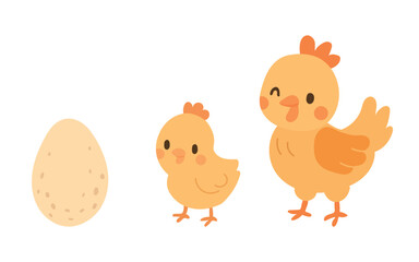 Cartoon hen, chick, and egg illustration with bright yellow tones, ideal for barnyard animal graphics, hatching themes, and playful poultry decor.