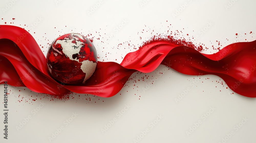 Poster a globe wrapped in flowing red fabric with splashes, symbolizing global unity and passion
