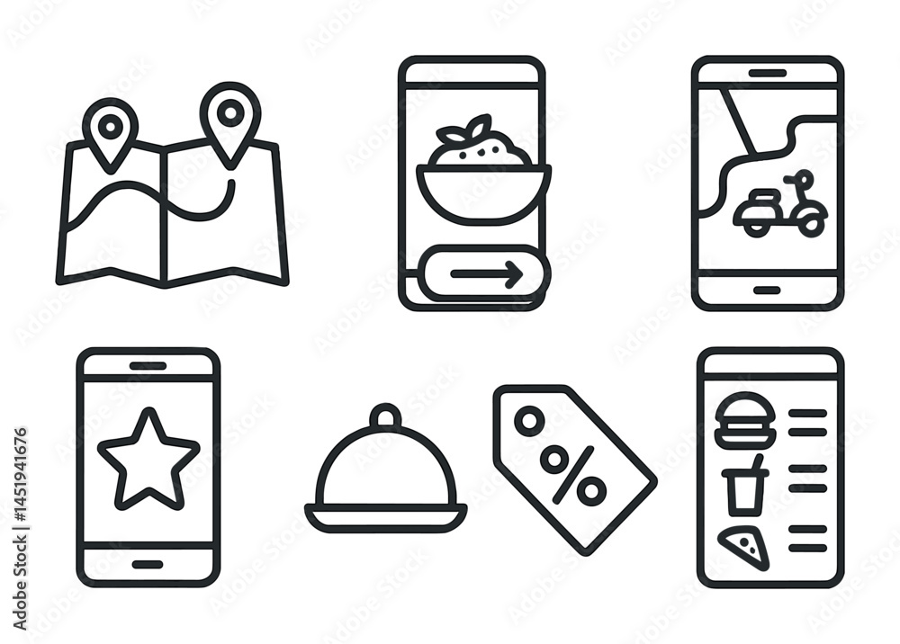 Poster navigation and dining outline icons set – map, menu, location symbols for apps