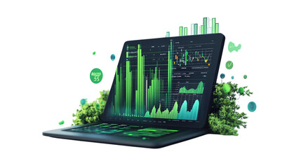 Floating green fintech sustainability performance metrics dashboard, isolated, PNG format, transparent background. Varient 5