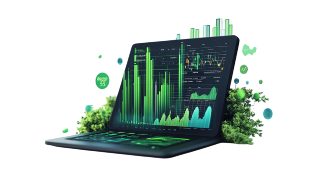Floating green fintech sustainability performance metrics dashboard, isolated, PNG format, transparent background. Varient 5